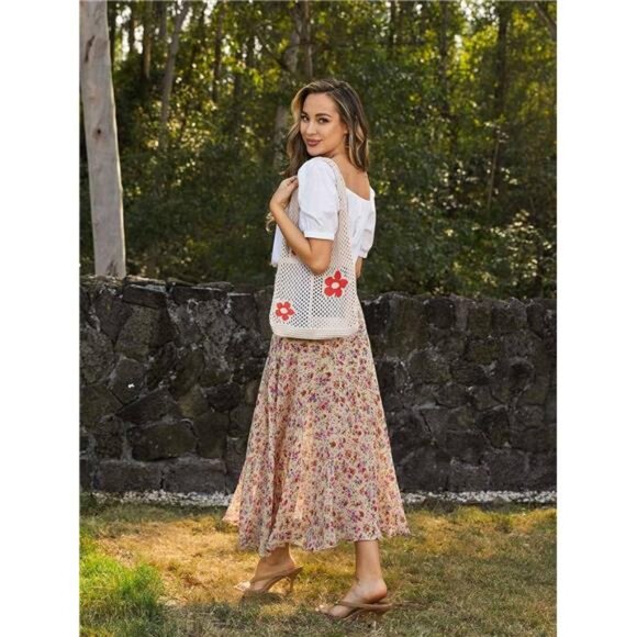 Women Crochet Beach Bag Tote: Small Knit Purse Summer Shoulder Bag for Vacation - Picture 3 of 7